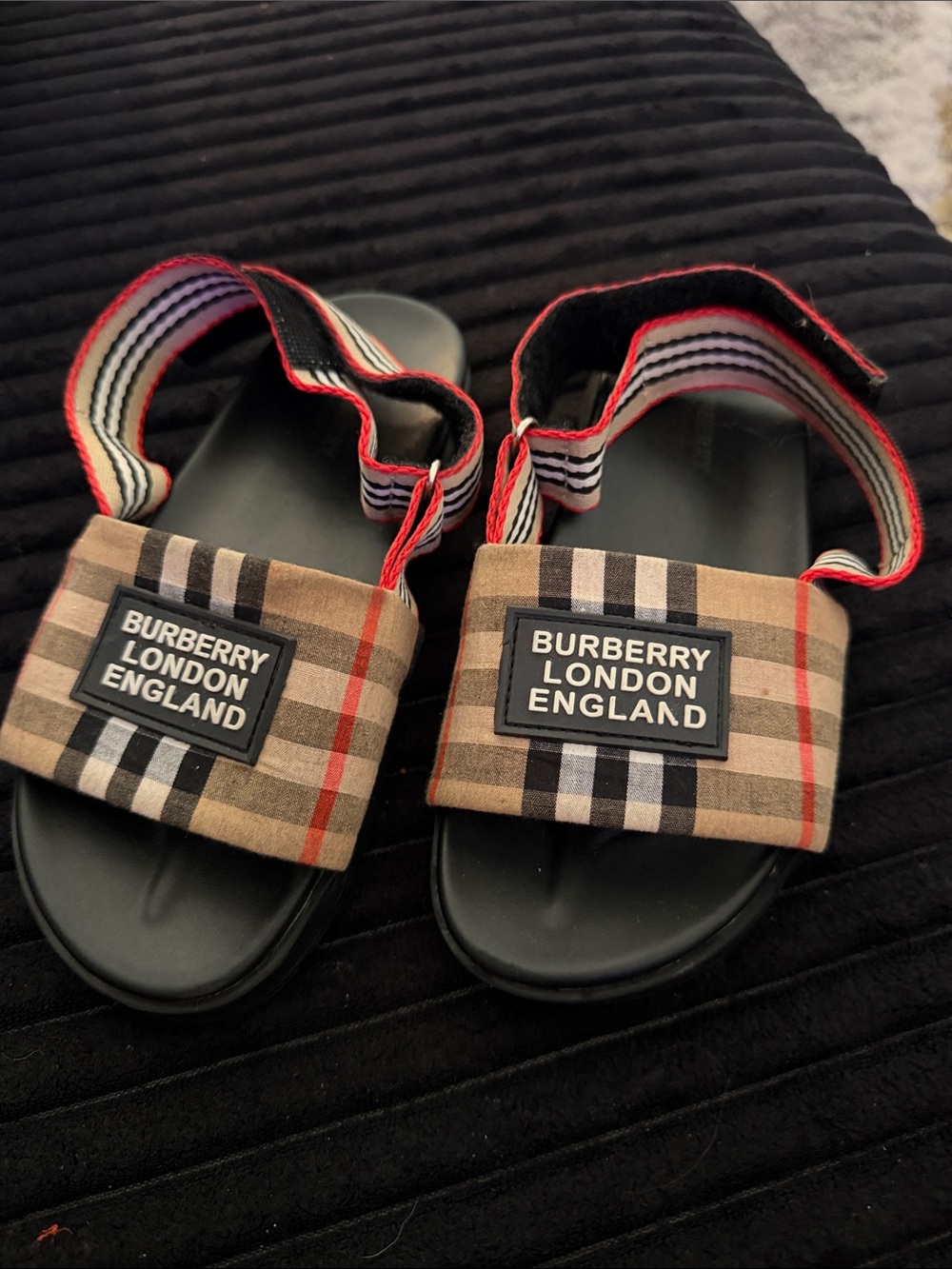 Burberry Check Slide Sandals in Tan, Black and Red